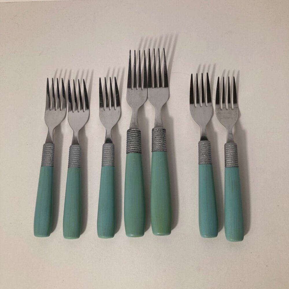 7 - Vintage Cambridge Forks Green Stainless Flatware Plastic Handle 7 or 8"